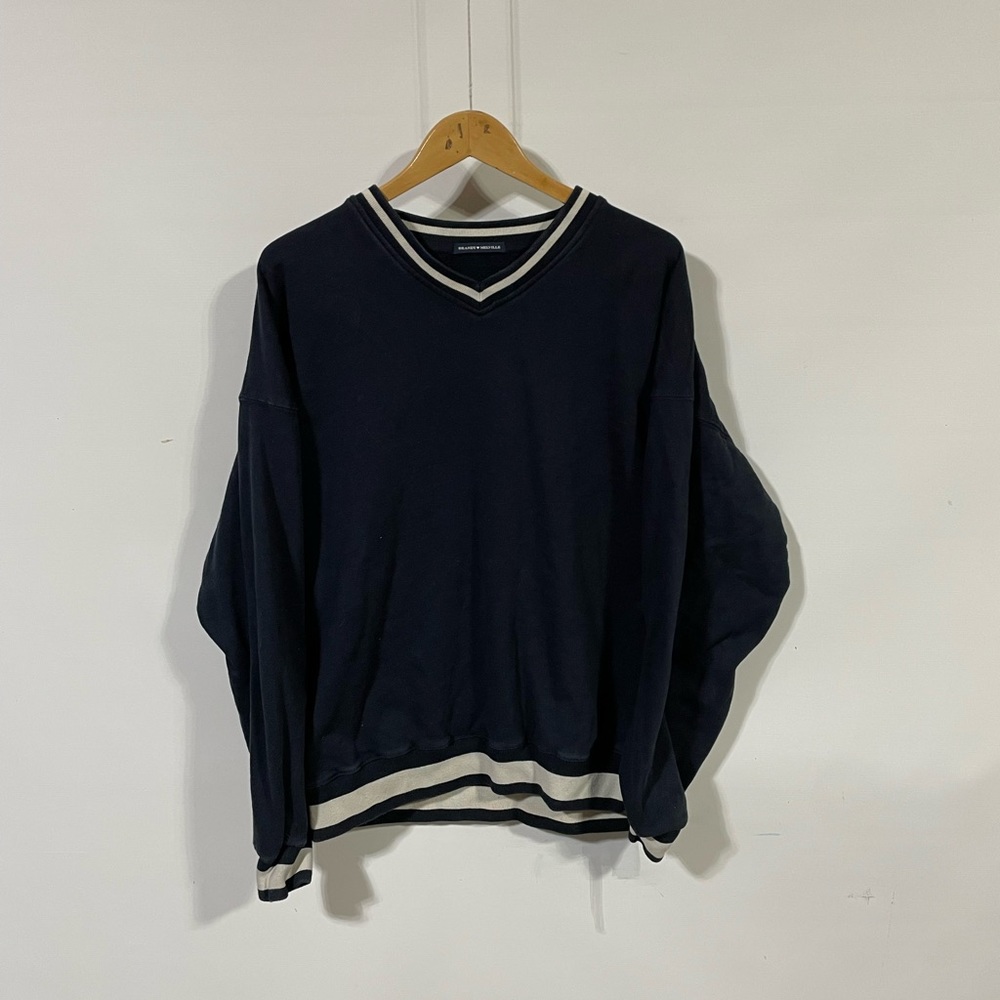 Brandy Melville Navy Blue V-Neck Sweater with White Stripe Trim
